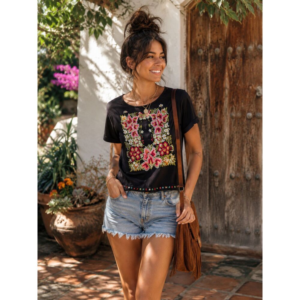 Anthropologie Tiny Embroidered Floral Tee Blouse Black XS NWT